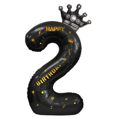 Balon din Folie Metalizata Cyrax, Figurina Cifra si Coroana, Scris Happy Birthday, Tema Aniversare 100 cm, Ambalaj Individual, Pai inclus, Umflare cu Aer sau Heliu, Negru, Cifra 2