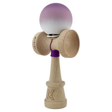 Kendama X Originala, Profesionala, Cyrax, Cupe Mari KING SIZE V3, Rubber Grip, Gaura in Baza, Rulment Metalic, din lemn 18 cm, Ata 62/65 cm, Gradient Mov/Alb