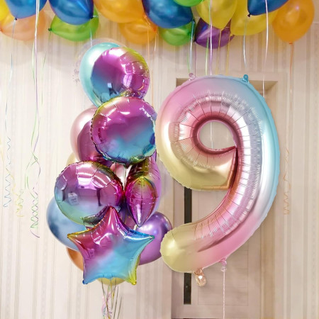 Balon din Folie Metalizata Cyrax, Figurina Cifra, Tema Aniversare 40 cm, Ambalaj Individual, Pai inclus, Umflare cu Aer sau Heliu, Multicolor, Cifra 9