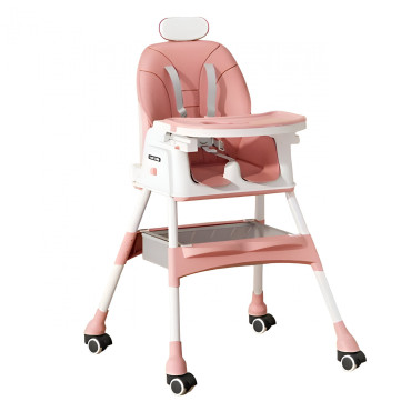 Scaun de Masa pentru Bebelusi si Copii Cyrax, cu Roti, cu Tetiera, Telescopic, Pliabil, Masuta Reglabila, Suport Picioare, Scaun cu Invelis Piele Artificiala, Centura Siguranta, Spatiu Depozitare, 97 x 73 x 65 cm, Roz