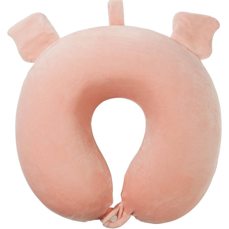 Perna de Calatorie in Forma de U,  Pentru Gat si Cap, Umplutura din Spuma cu Memorie, 30x30 cm, Model Purcelus, Accesoriu de Voiaj, Birou, Masina, Sistem Prindere Capse, Alb-Roz