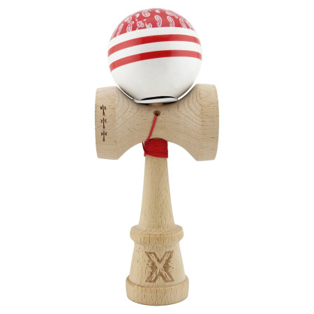 Kendama X Originala CHICANOS, Profesionala, Cyrax, Cupe Mari KING SIZE V3, Super Sticky, Gaura in Baza, Rulment Metalic, din lemn 18 cm, Ata 55 cm, Rosu/Alb
