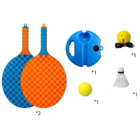 Set Badminton pentru Copii, Cyrax, Doua Palete, Fluturas, 2 Mingi, Minge cu Elastic pentru Antrenament, Suport de Prindere Stabil, 41x23 cm, Albastru Portocaliu