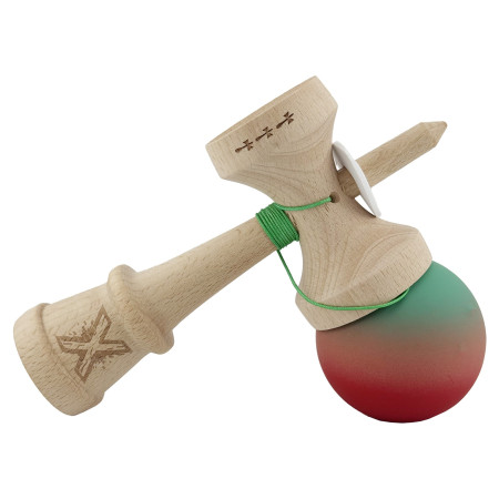 Kendama X Originala, Profesionala, Cyrax, Cupe Mari KING SIZE V3, Rubber Grip, Gaura in Baza, Rulment Metalic, din lemn 18 cm, Ata 62/65 cm, Gradient Verde/Roz/Rosu