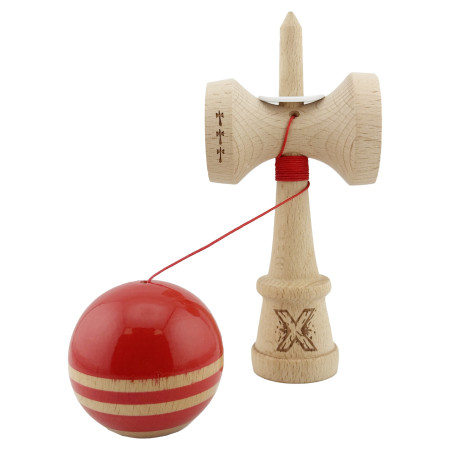 Kendama X Originala RAINBOW, Profesionala, Cyrax, Cupe Mari KING SIZE V3, Super Sticky, Gaura in Baza, Rulment Metalic, din lemn 18 cm, Ata 55 cm, Rosu/Maro