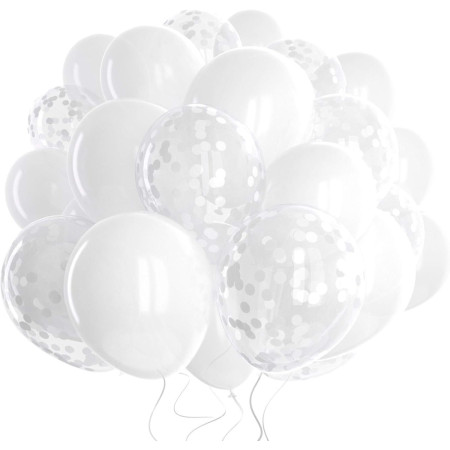 Set 10 Baloane din Latex, Cyrax, Model Party, 30 cm, 5x Alb, 5x Transparent Confetti, 2.8 g