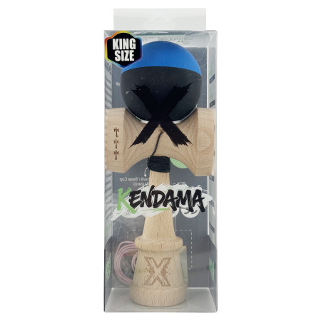 Kendama X Originala, Profesionala, Cyrax, Rubber Grip, Cupe Mari KING SIZE V3, Gaura in Baza, Rulment Metalic, din lemn 18 cm, Ata 62/65 cm, Bicolor Albastru/Negru