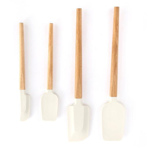 Ustensile de Bucatarie, Cyrax, Set din 4 bucati, din Silicon si Lemn, Spatule de Diferite Dimensiuni, Termo rezistente, Antiaderente, Instrument de Amestecat in Bucatarie, Alb-Maro...