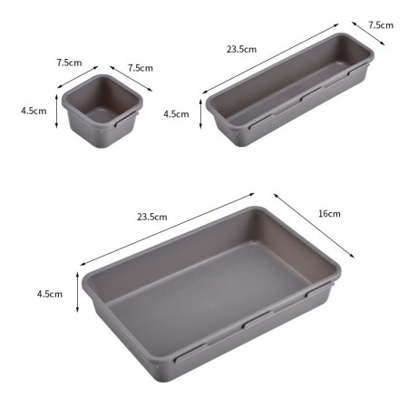 Set 8 cutii depozitare, pentru sertar, cosmetice, ustensile bucatarie, textile, plastic, gri,  23.5 x 16 cm