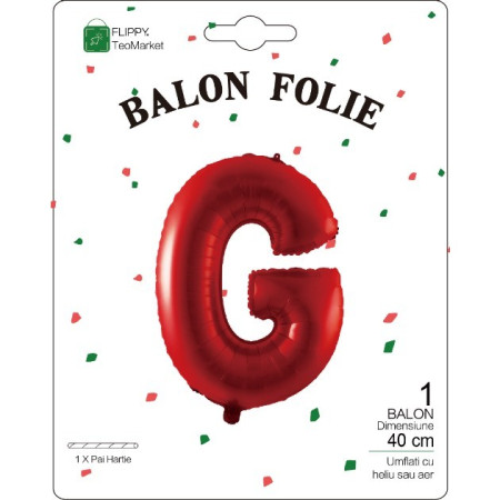 Balon Folie Metalizata Litera G, Cyrax, 40 cm, Umflati cu Heliu sau Aer, Ambalaj Individual, Pai inclus, Rosu