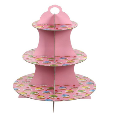 Suport Prajituri, Cyrax, 3 Etaje, Design de Petrecere, pentru Prajituri, Candy Bar, din Carton, Roz/Multicolor