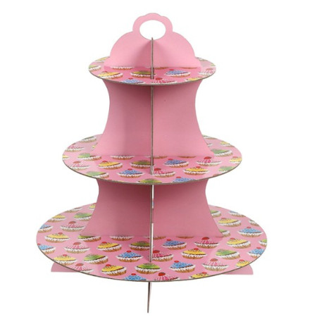 Suport Prajituri, Cyrax, 3 Etaje, Design de Petrecere, pentru Prajituri, Candy Bar, din Carton, Roz/Multicolor
