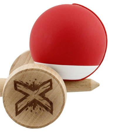 Kendama X Originala, Profesionala, Cyrax, Rubber Grip, Cupe Mari KING SIZE V3, Gaura in Baza, Rulment Metalic, din lemn 18 cm, Ata 62/65 cm, Bicolor Rosu/Alb