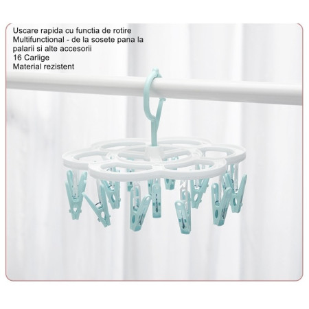 Uscator de Rufe Suspendat  cu 16 Carlige, Rotire 360 Grade, Mateiral Plastic, Usor de Depozitat, Multifunctional, 26 x 21 cm, Albastru