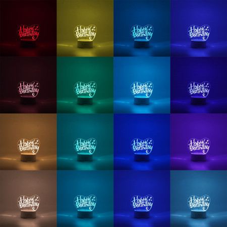 Lampa LED decorativa,  3D, Happy Birthday, cu USB si baterii, 20 cm inaltime, din material acril, lumina multicolora si telecomanda inclusa, alb