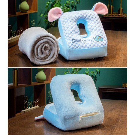 Set 2in1 Patura Microfibra si Perna din Spuma,  pentru Birou, Calatorii, Pauze, Model Elefant, Microfibra, 1x1.7 m, 30x35x30 cm, Albastru