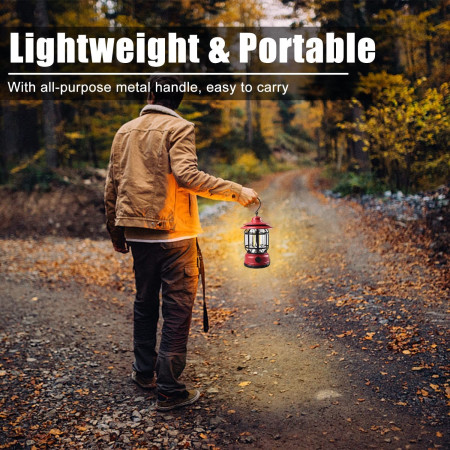 Portable camping light, vintage lantern with hook, ABS, 21 COB LED lighting, adjustable intensity, 5W, reversible, red rechargeable
