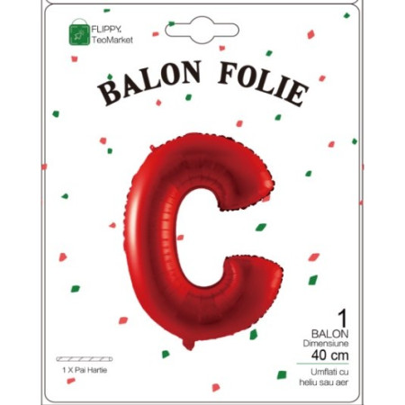 Balon Folie Metalizata Litera C, Cyrax, 40 cm, Umflati cu Heliu sau Aer, Ambalaj Individual, Pai inclus, Rosu