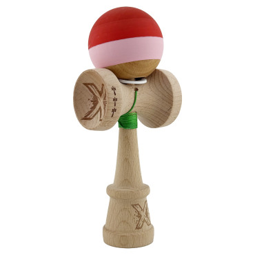 Kendama X Originala, Profesionala, Cyrax, Rubber Grip, Cupe Mari KING SIZE V3, Gaura in Baza, Rulment Metalic, din lemn 18 cm, Ata 62/65 cm, Special Rosu/Roz/Maro