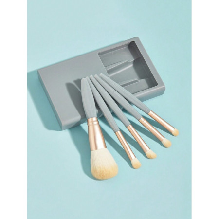 Set 5 Pensule de Machiaj cu Peri Moi, Cyrax, cu Suport pentru Depozitare si Oglinda, Albastru