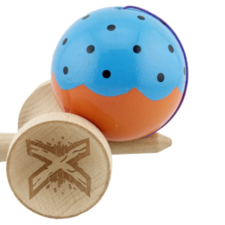 Kendama X Originala, Profesionala, Cyrax, Big Cups V2, Super Sticky cu Cupe Mari, din lemn 18 cm, Rulment Metalic cu Ata 55 cm, Albastru/Portocaliu