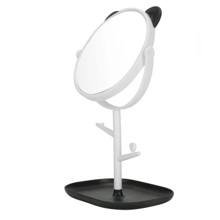 Oglina Cosmetica cu Picior, Cyrax, HD, Rotire 360 Grade, 15 cm Diametru, Suport Bijuterii Baza + Brate, Model cu Urechi, 30 x 16.5 x 15 cm, Alb/Negru