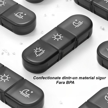 Cutie Depozitare Medicamente,  7 Zile, 21 Compartimente, Cutie Suport, Recipiente Detasabile, Portabila, Compartimente Negre, Cutie Transparenta, 15.6x12 cm