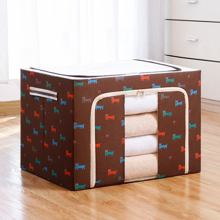 Cutie de Depozitare Pliabila,  66 L, din Tesatura Oxford, 50x40x33 cm, Fereastra Frontala, 2 Usi de Acces cu Fermoar Bidirectional, Cadru Metalic, Suport Baza Stabil din Plastic, Imprimeu Catelusi, Maro