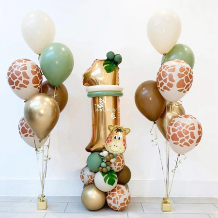 Set 30 Baloane Folie si Latex, Cyrax, Tematica Prima Aniversare, Baloane Latex 30cm, 25cm, Figurina Girafa 32x34 cm, Frunza Palmier 15 cm, Cifra 1 76 cm, Multicolor