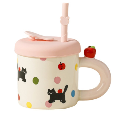 Cana din Ceramica cu Capac si Pai, Cyrax, Capacul si Paiul din Silicon Roz, 9x8.5 cm, Model Cute B, Capacitate 380ml