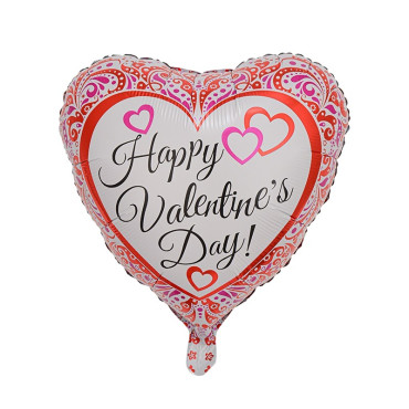 Balon din Folie Metalizata, Cyrax, Figurina Inimioara, Model Happy Valentine's Day, Tematica Iubire, 45 cm, Ambalaj Individual, Pai Inclus, Umflare cu Aer sau Heliu, Rosu