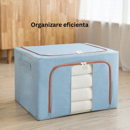 Cutie de Depozitare Pliabila,  100 L, din Bumbac si In, 60x42x40 cm, 2 Ferestre, Frontala si Laterala, 2 Usi de Acces cu Fermoar Bidirectional, Cadru Metalic, Suport Baza Stabil din Plastic, Bleu