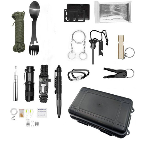 Kit supravietuire multifunctional  Instrumente profesionale, Agatatoare ghiozdan, pentru Camping, Drumetii, Aventuri in aer liber, negru