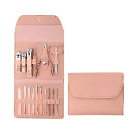 Set 16 Piese de Ingrijire Cosmetica, Cyrax, pentru Manichiura, Pedichiura, Fata, Geanta Organizatoare din Piele Ecologica Inclusa, Roz