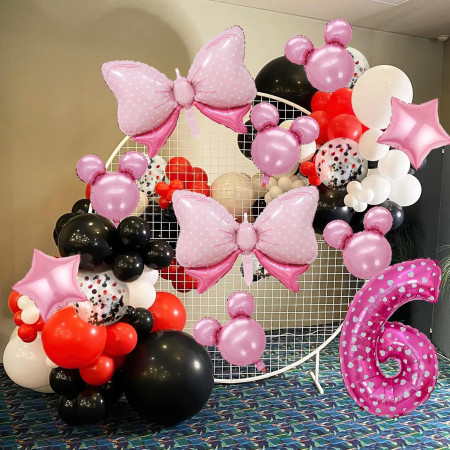 Balon din Folie Metalizata Cyrax, Figurina Cifra, Imprimeu Inimi, Tema Aniversare 80 cm, Ambalaj Individual, Pai inclus, Umflare cu Aer sau Heliu, Roz, Cifra 6