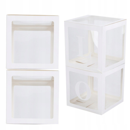 Set 4 Cutii pentru Baloane, Cyrax, Model Simplu, Tematica Aniversare, Cuburi Decorative din Plastic, Accesorii pentru Petrecere, 30 x30 cm, Transparente Contur Alb