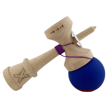 Kendama X Originala, Profesionala, Cyrax, Rubber Grip, Cupe Mari KING SIZE V3, Gaura in Baza, Rulment Metalic, din lemn 18 cm, Ata 62/65 cm, Bicolor Albastru inchis/Rosu