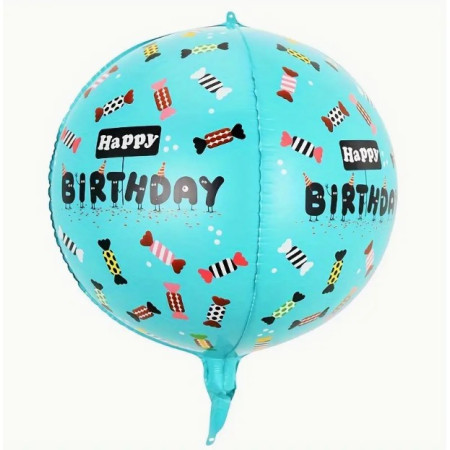 Balon din Folie Metalizata, Cyrax, Figurine 4D, Model Happy Birthday, Tematica Aniversara Bombonele, 63x24 cm, Ambalaj Individual, Pai Inclus, Umflare cu Aer sau Heliu, Blue