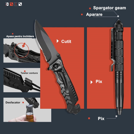Kit supravietuire 19 in 1  Cutit/Busola/Lanterna/Fluier/Chingi/Paracord, pentru Caping, Drumetii, Aventuri, Insturmente profesionale, Negru