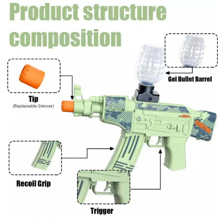 Mitraliera de jucarie electrica Cyrax cu bile de hidrogen de gel, gun bluster, tragere in rafala, varsta peste 6 ani, ochelari de protectie,  5000 de bile incluse, cablu de incarcare, 28x31 cm, AK47, verde