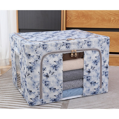 Cutie Depozitare,  66L, din Material Textil, 50 x 40 x 33 cm, pentru Haine si Lenjerii, Model Fluturasi, Albastru
