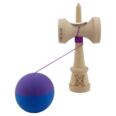 Kendama X Originala, Profesionala, Cyrax, Rubber Grip, Cupe Mari KING SIZE V3, Gaura in Baza, Rulment Metalic, din lemn 18 cm, Ata 62/65 cm, Bicolor Mov/Albastru