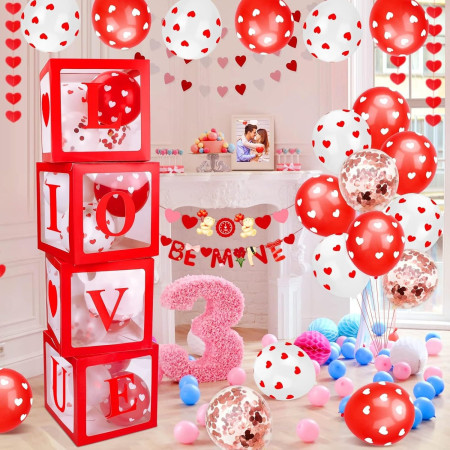 Set 4 Cutii pentru Baloane, Cyrax, Model Scris Love, Tematica Iubire, Cuburi Decorative din Plastic, Accesorii pentru Petrecere, 30x30 cm, Transparente Contur Rosu