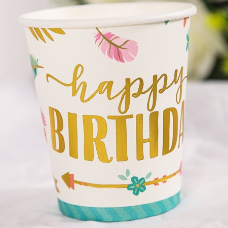 Set 10 Pahare, Cyrax, Imprimeu Happy Birthday Gold, din Carton, 250 ml, 7.5 x 8.5 x 5.2 cm, Multicolor