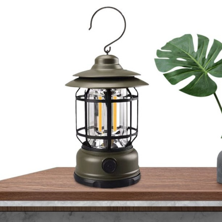 Lampa portabila camping, Felinar Vintage cu carlig, ABS, Iluminare 21 COB LED, Intensitate reglabila, 5W,  Verde