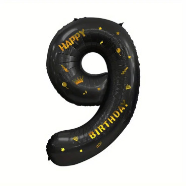 Balon din Folie Metalizata Cyrax, Figurina Cifra, Scris Happy Birthday, Tema Aniversare 100 cm, Ambalaj Individual, Pai inclus, Umflare cu Aer sau Heliu, Negru, Cifra 9