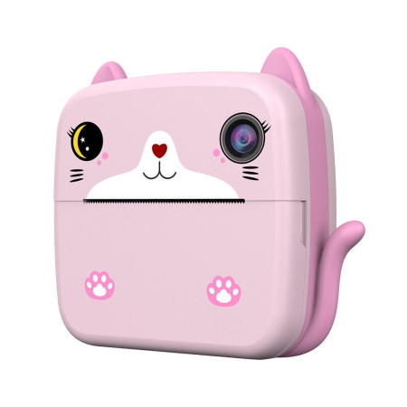 Set Camera Instantanee pentru Copii, Cyrax, Ecran HD 2.4'', 24MP, 720P Video, 1200 mAh, cu Functie de Printare Alb-Negru, cablu USB-C, Bluetooth, Compatibil iOS/Android, Imprimare APP, Model Kitty, Roz