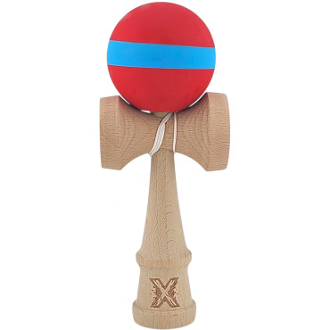 Kendama X Originala, Profesionala, Cyrax, 18 cm, din Lemn, Rubber Grip, Rosu/Albastru