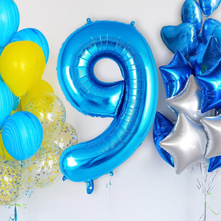 Balon din Folie Metalizata Cyrax, Figurina Cifra, Tema Aniversare 40 cm, Ambalaj Individual, Pai inclus, Umflare cu Aer sau Heliu, Albastru, Cifra 9