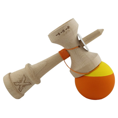 Kendama X Originala, Profesionala, Cyrax, Rubber Grip, Cupe Mari KING SIZE V3, Gaura in Baza, Rulment Metalic, din lemn 18 cm, Ata 62/65 cm, Bicolor Galben/Portocaliu